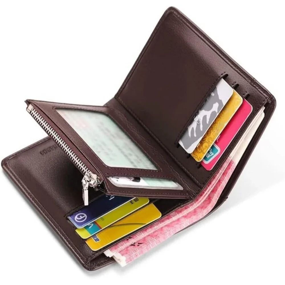 Men's Wallets Card Brown Genuine Leather Slim Front Zipper Coin Pocket Design